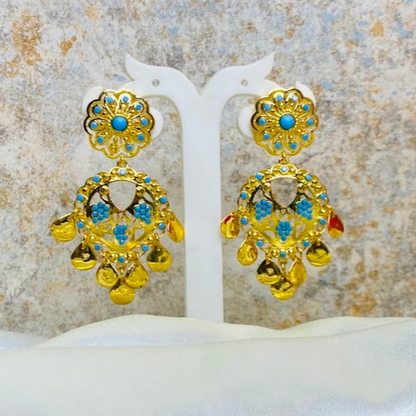 22KT Gold Plated Firoza Floral Tassel Jhumka Earrings Blue
