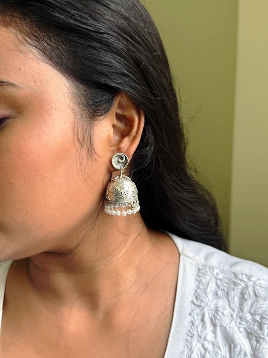 Oxidized Bird-Motif Brass Dome Jhumka Earrings