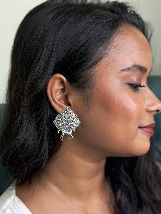 Oxidized Horse & Floral Brass Stud Earrings