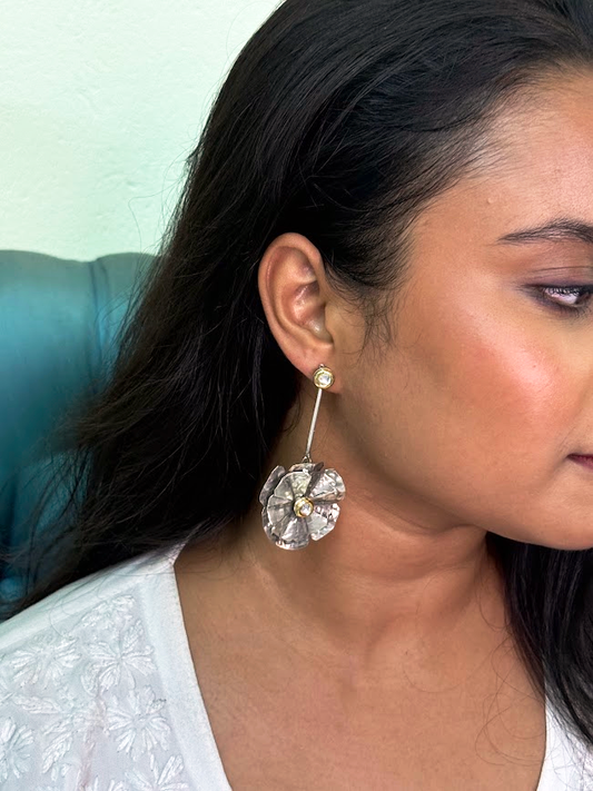 Oxidized Textured Floral Brass Drop Earrings