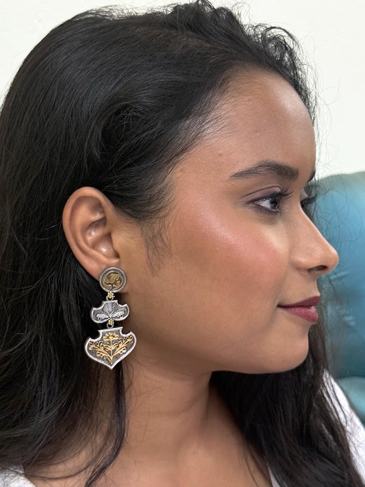 Oxidized Dual-Tone Floral Shield Drop Earrings