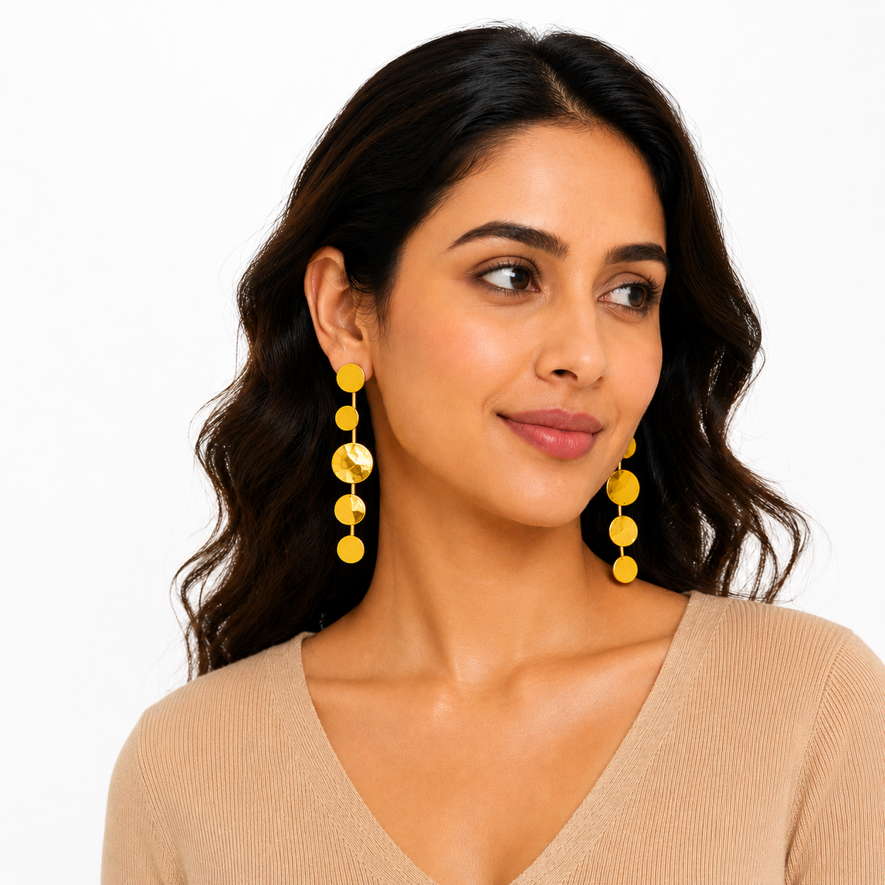 Abstract Gold Drop Earrings with Floating Disc Design