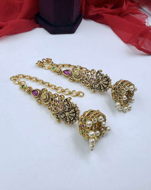 Antique Gold Temple Jhumka with Ear Chain