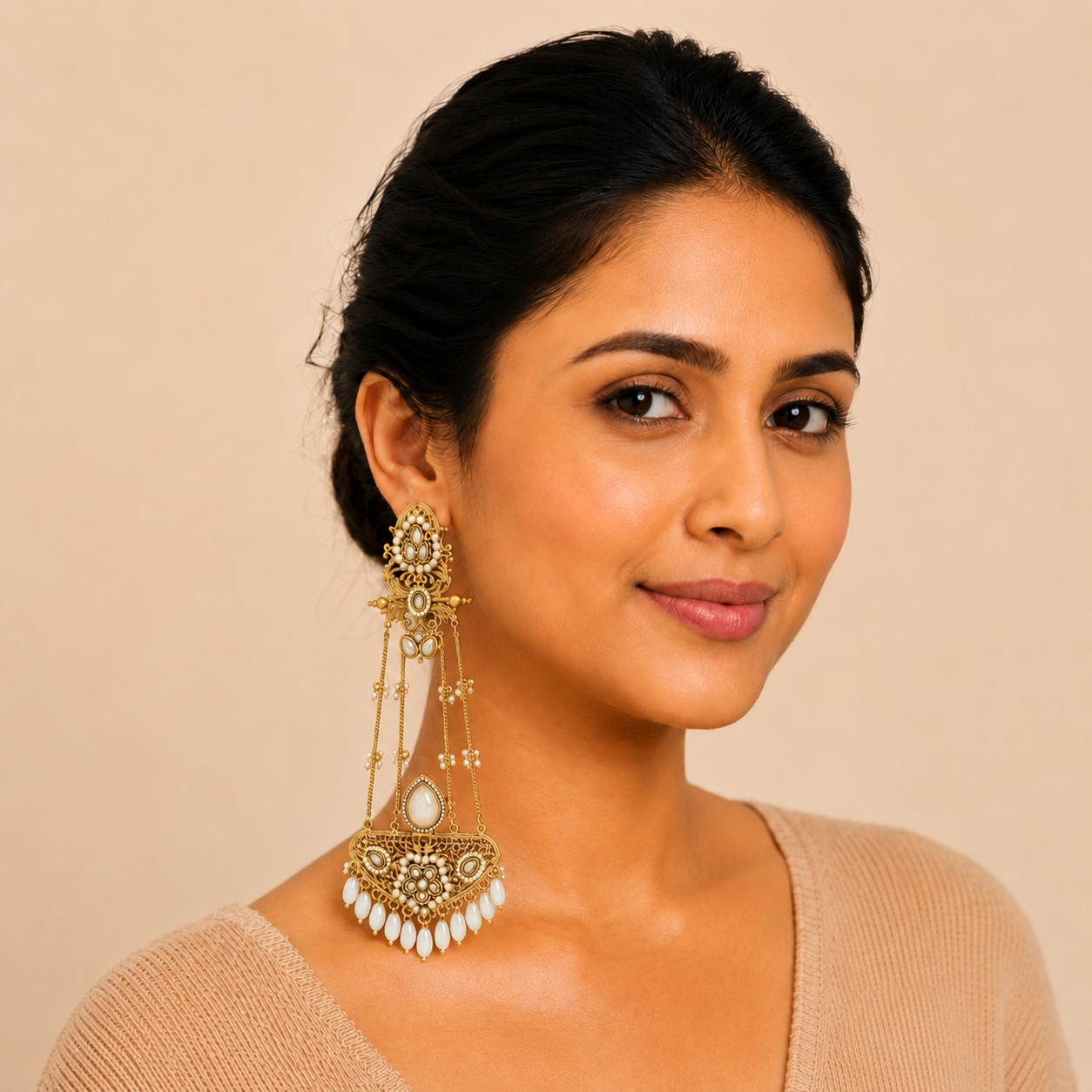 White Crystal Kashmiri Floral Chandelier Earrings