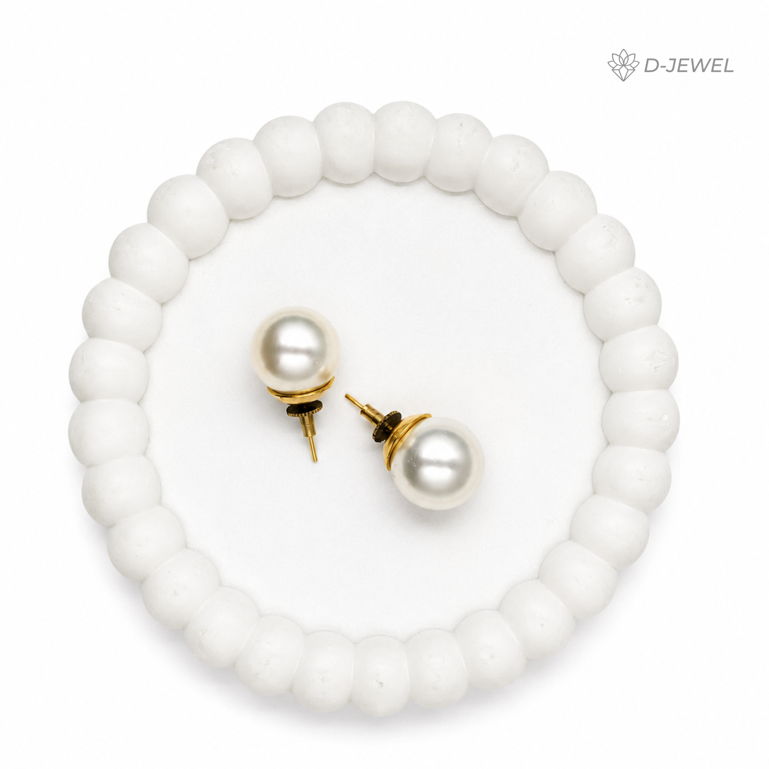 Classic white faux pearl stud earrings for women with 22KT gold-plated setting on white background - D-JEWEL