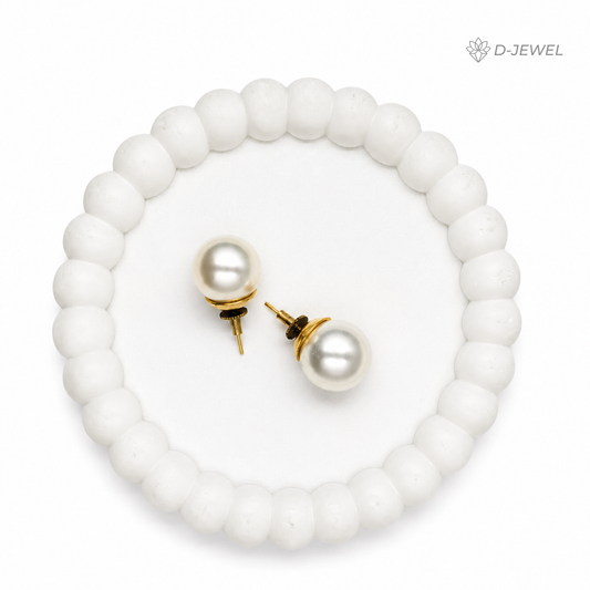 Classic white faux pearl stud earrings for women with 22KT gold-plated setting on white background - D-JEWEL