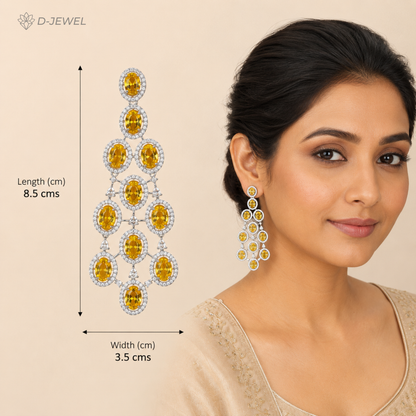 Yellow Crystal Chandelier Cocktail Earrings Silver Tone