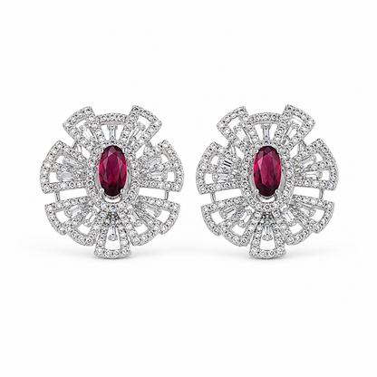 Bold Dark Pink Crystal Halo Cocktail Stud Earrings