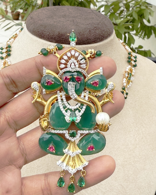 Green Onyx Ganesha Temple Long Necklace