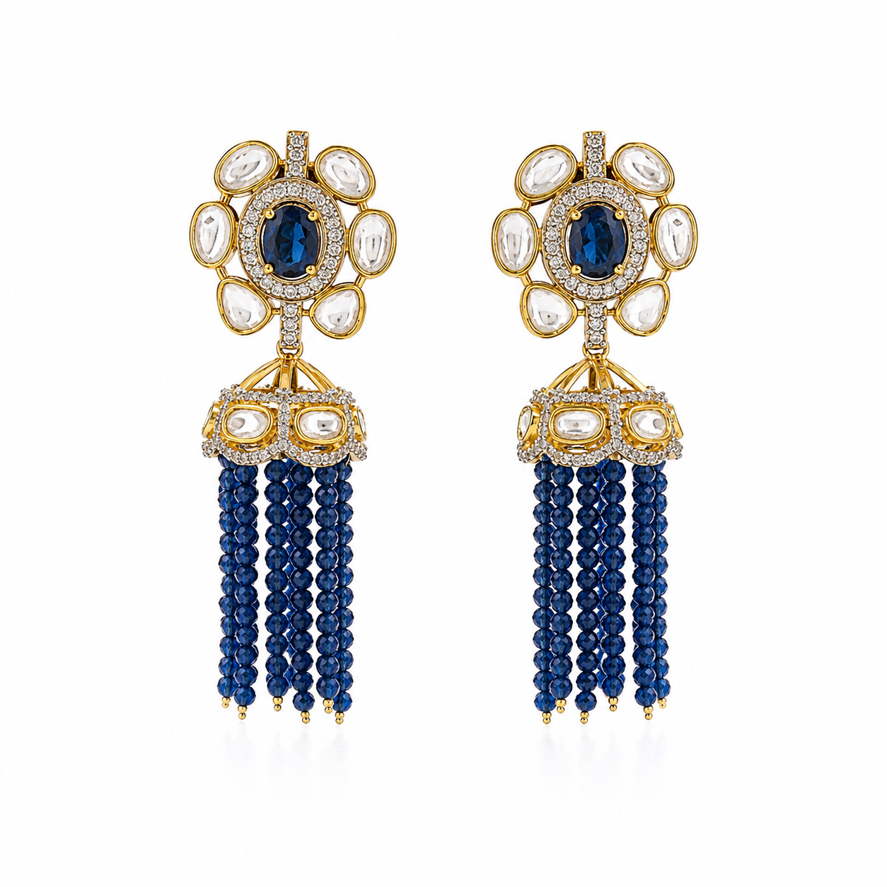 Royal Blue Kundan Earrings with Blue Crystal Tassels