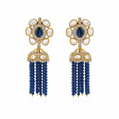 Royal Blue Kundan Tassel Jhumka Earrings Gold Plated