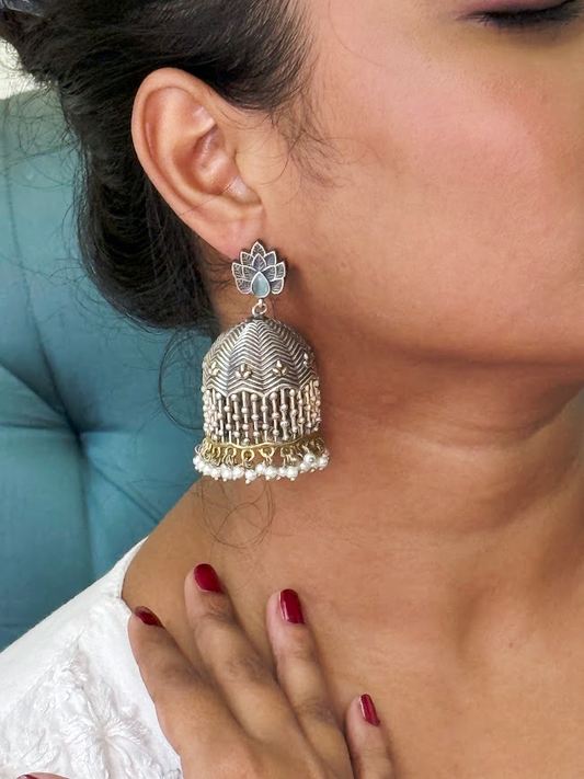 Oxidized Lotus Birdcage Brass Jhumka Earrings