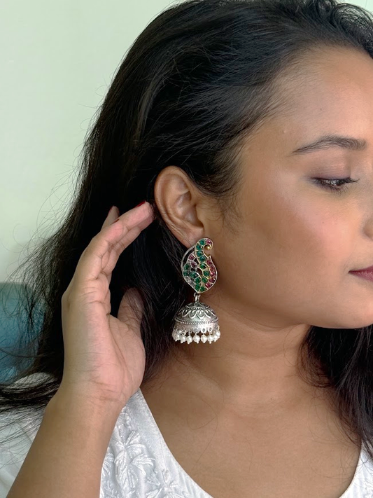 Oxidized Paisley Stone & Pearl Jhumka Earrings