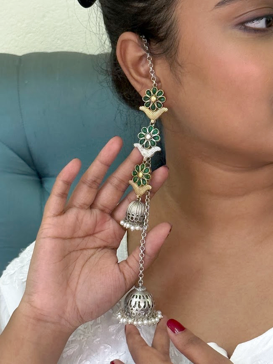 Oxidized Floral Bahubali Jhumka Chain Earrings