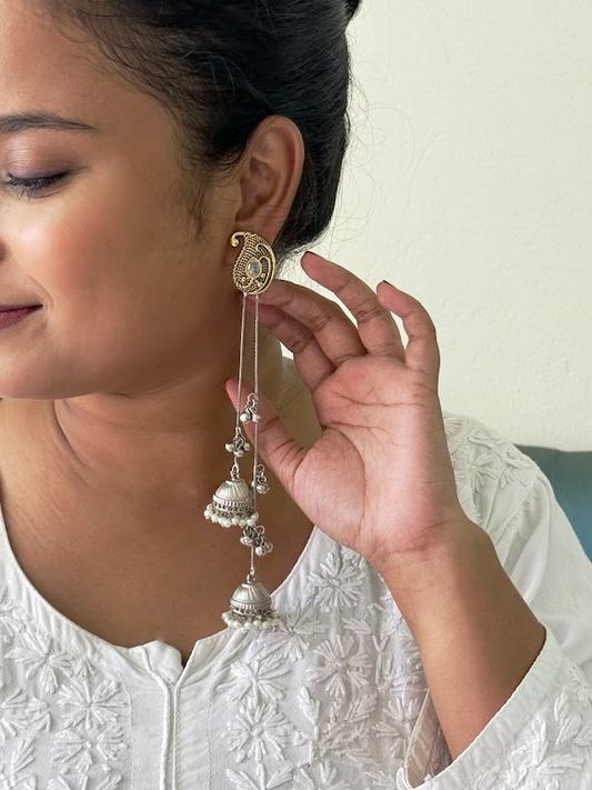 Oxidized Paisley Jhumka Shoulder-Duster Earrings