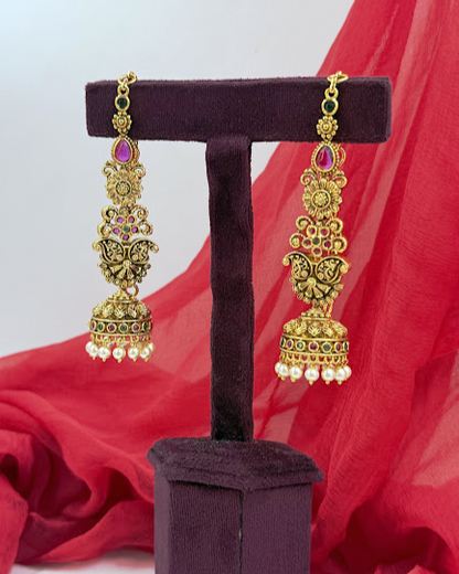 Antique Gold Temple Jhumka with Ear Chain