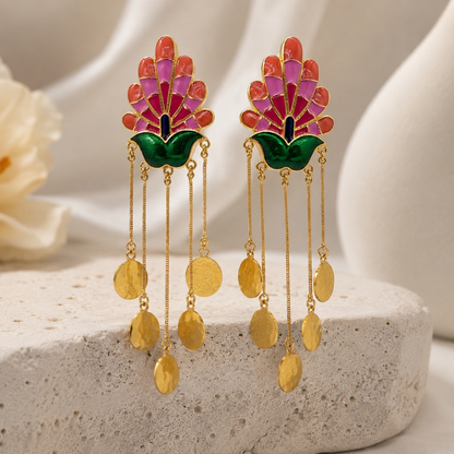 Boho Gold Peacock Coin Dangler Earrings for Festive Glam