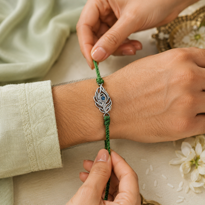 Peacock Feather Handcrafted 92.5 Silver Rakhi with Blue Stone