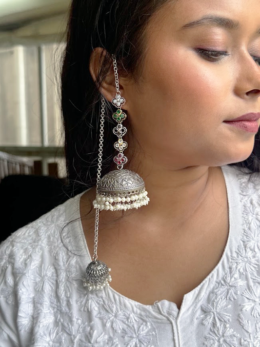 Oxidized Bahubali Hair-Chain Jhumka Earrings