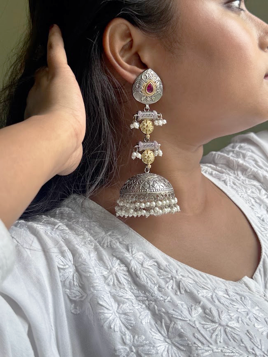 Oxidized Dual-Tone Kashmiri Jhumka Earrings