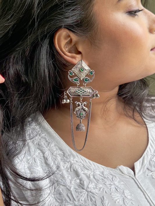 Oxidized Green Peacock Long-Chain Jhumka Earrings