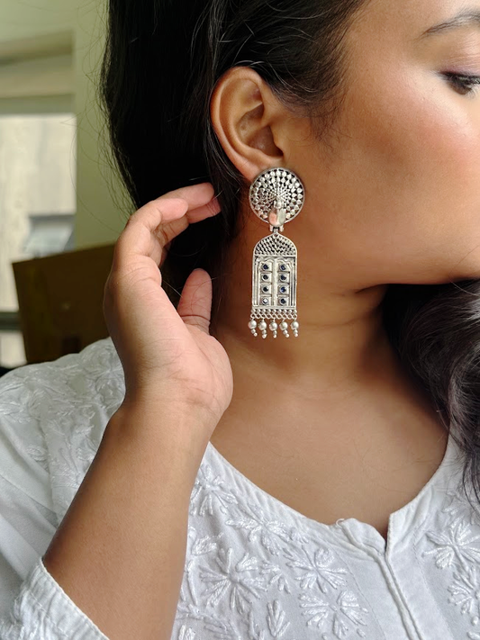 Oxidized Blue Peacock Jharokha Brass Earrings
