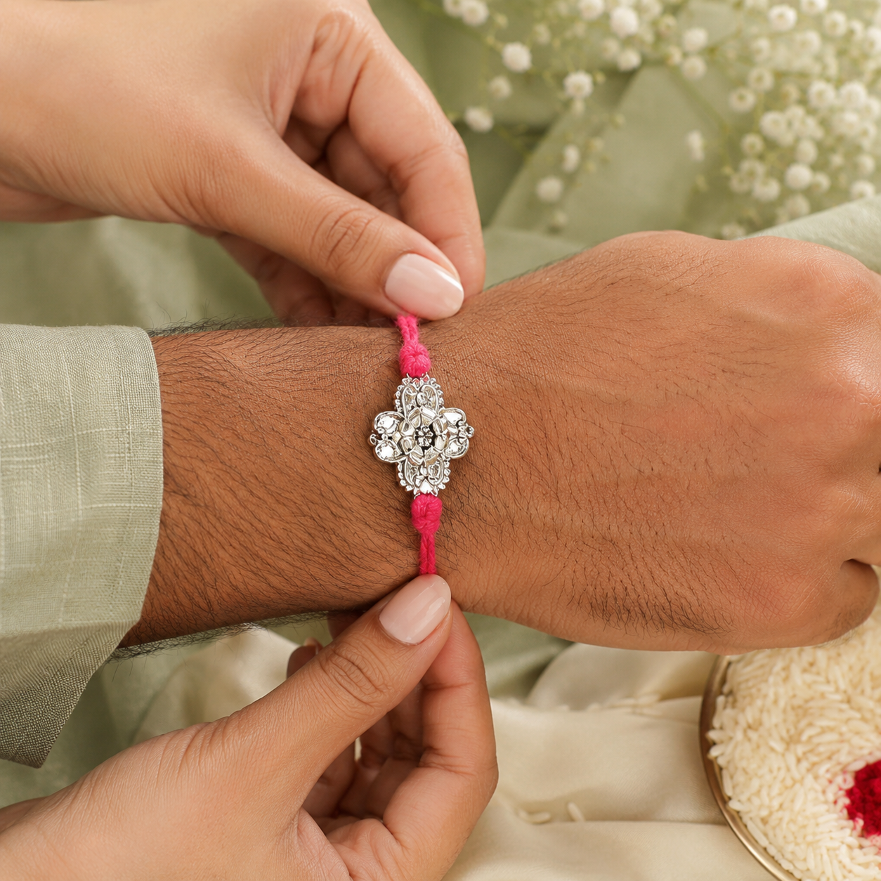 Floral Handcrafted 92.5 Silver Rakhi with Red Thread