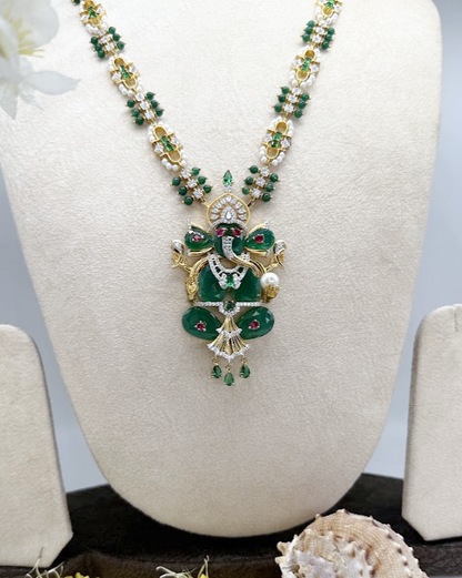 Green Onyx Ganesha Temple Long Necklace