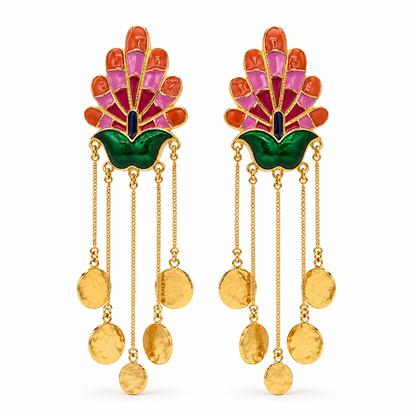 Boho Gold Peacock Coin Dangler Earrings for Festive Glam