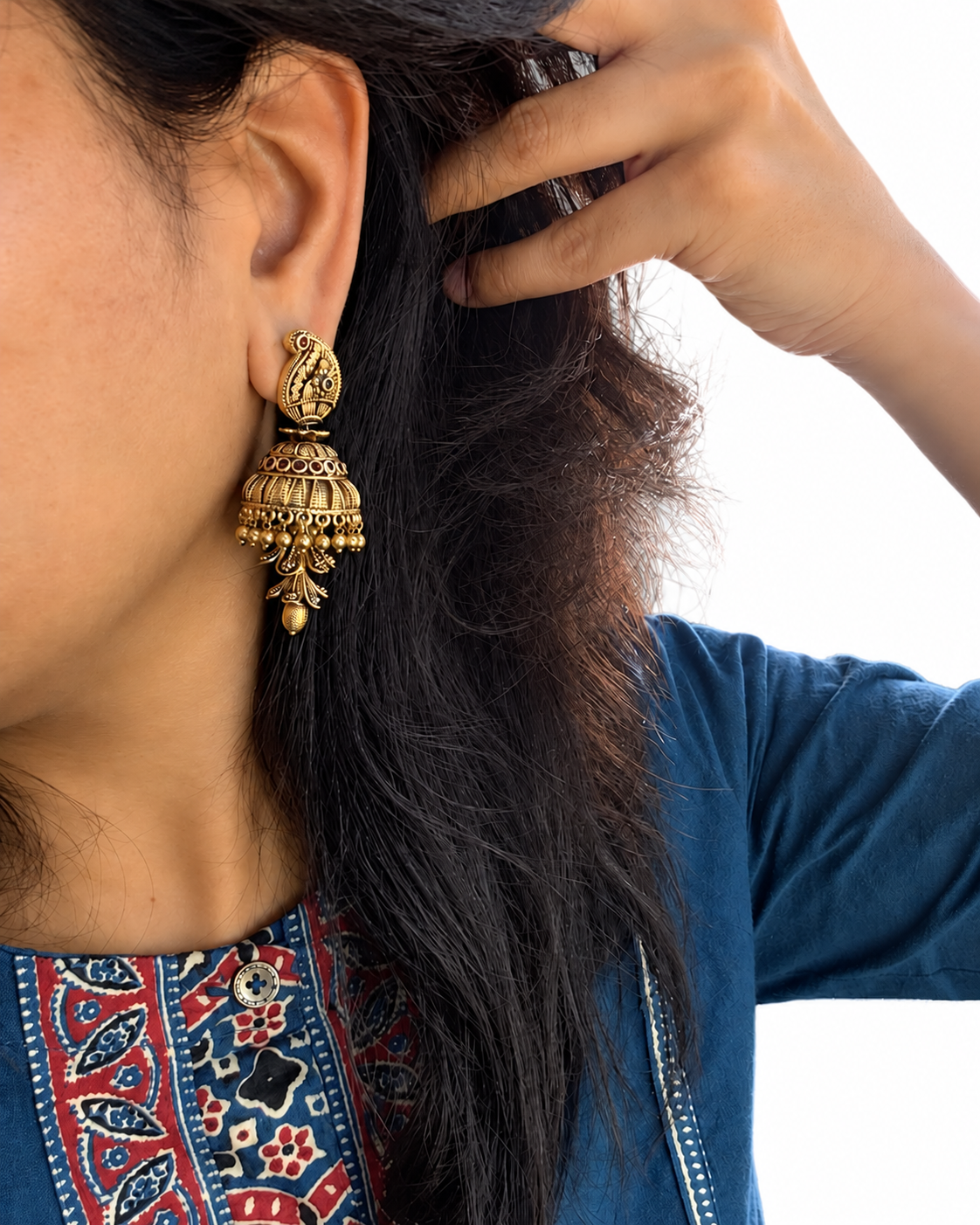 Mango Motif Leaf Tassel Temple Jhumka Earrings