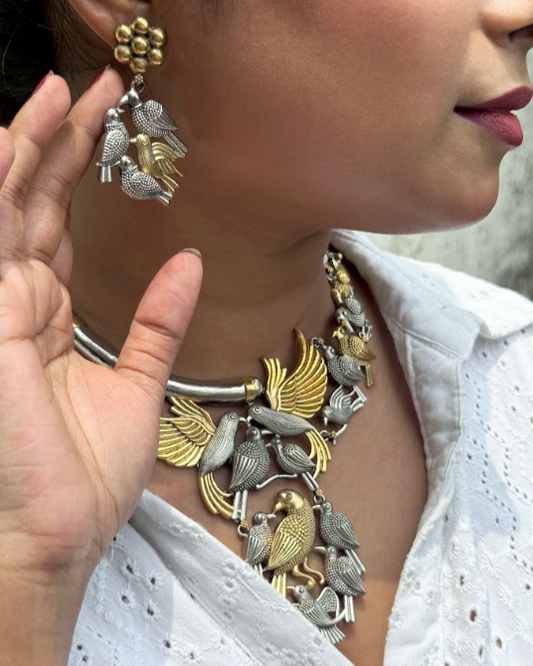Oxidised Dual-Tone Bird Hasli Necklace Set