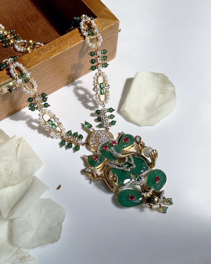 Green Onyx Ganesha Temple Long Necklace