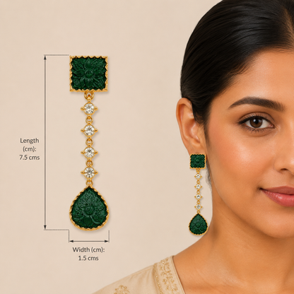 Green Carved Stone Gold Drop Earrings for Festive Glam