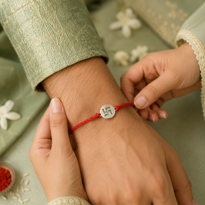 Swastik Handcrafted 92.5 Silver Rakhi with Red Thread