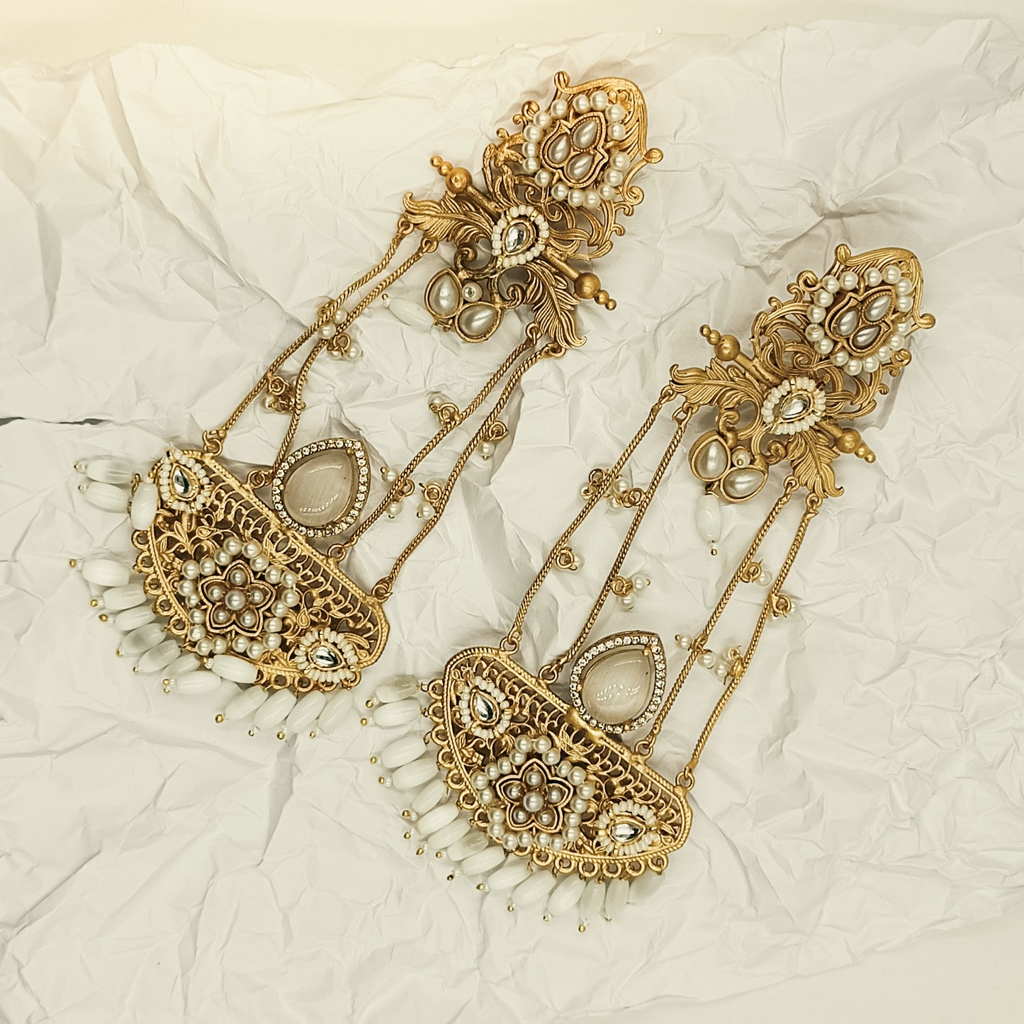 White Crystal Kashmiri Floral Chandelier Earrings