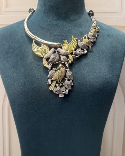 Oxidised Dual-Tone Bird Hasli Necklace Set
