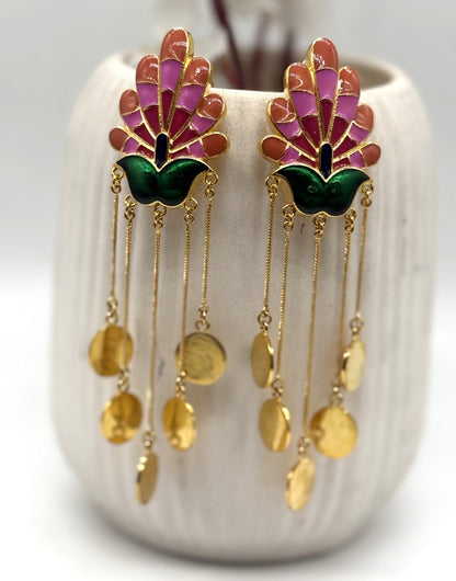 Boho Gold Peacock Coin Dangler Earrings for Festive Glam