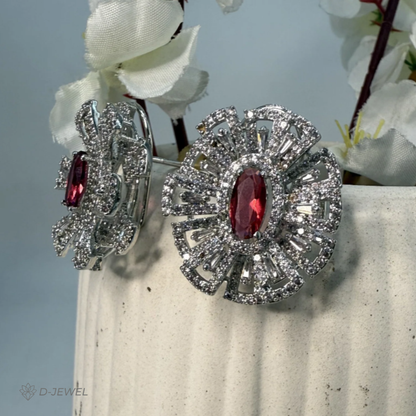 Bold Dark Pink Crystal Halo Cocktail Stud Earrings