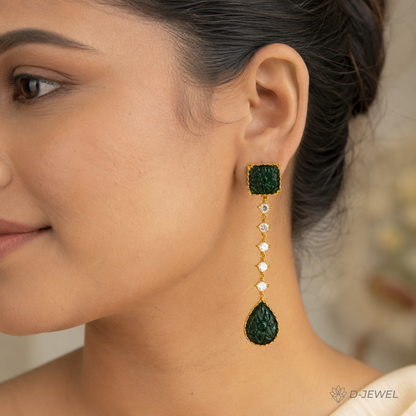 Green Carved Stone Gold Drop Earrings for Festive Glam