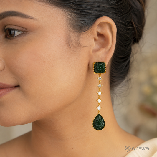 Green Carved Stone Gold Drop Earrings for Festive Glam