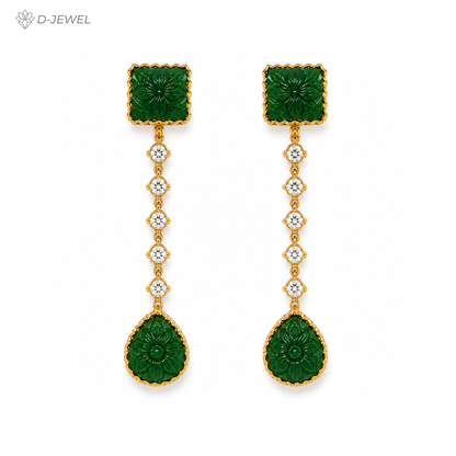 Green Carved Stone Gold Drop Earrings for Festive Glam