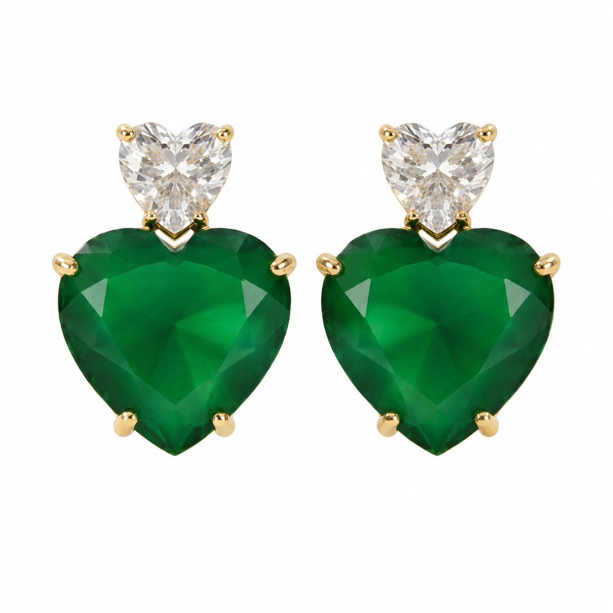 Green Emerald Heart Stud Earrings in Gold Plated Finish