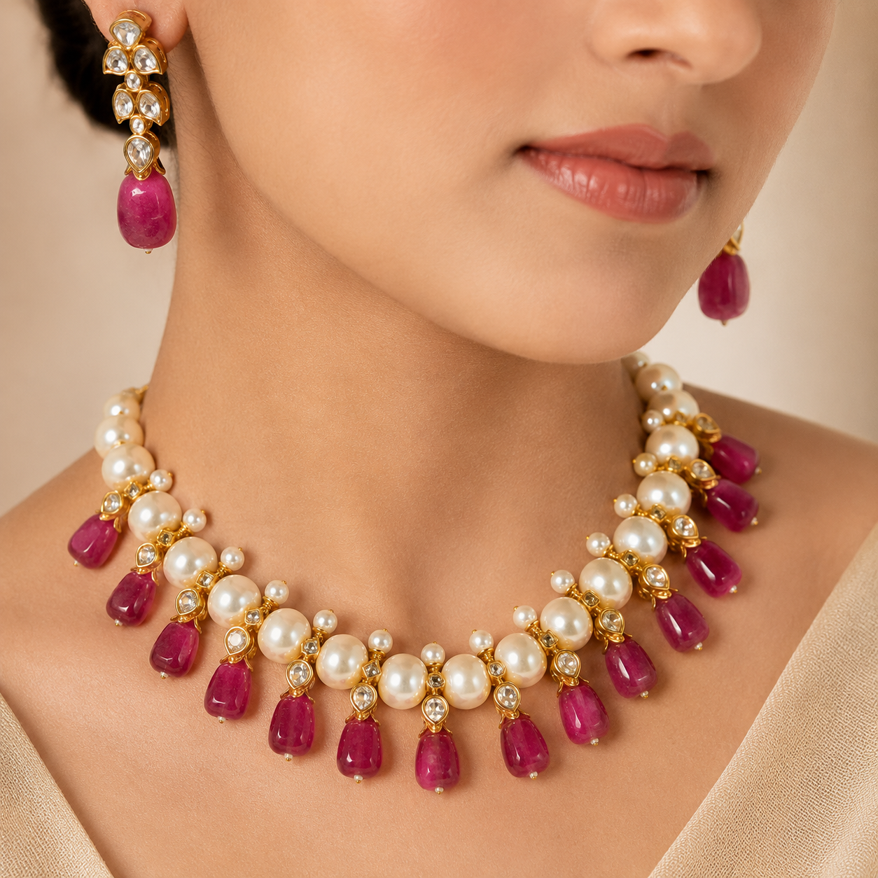Pearl Choker Necklace Set with Red Teardrop Drops