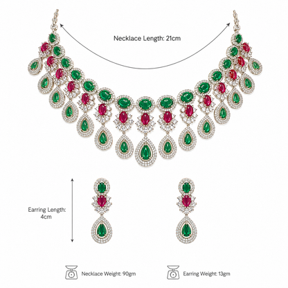 Emerald Green & Ruby Red Rhodium Necklace Set