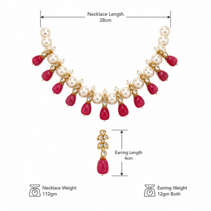 Pearl Choker Necklace Set with Red Teardrop Drops