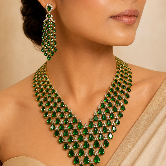 Green Pear Stone Long Necklace Set with Drop Earrings