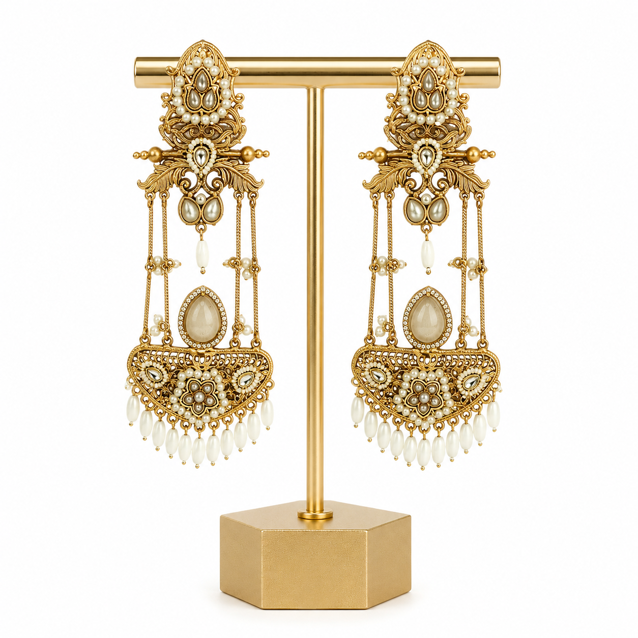 White Crystal Kashmiri Floral Chandelier Earrings