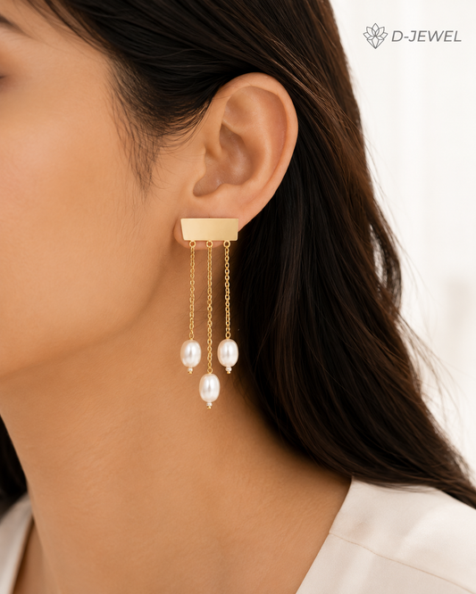 22KT Gold Plated Triple Bar Chain Drop Earrings White