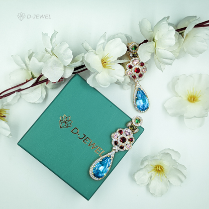 Designer Royal Blue Halo Crystal Tassel Cocktail Earrings