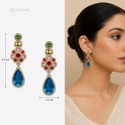 Designer Royal Blue Halo Crystal Tassel Cocktail Earrings